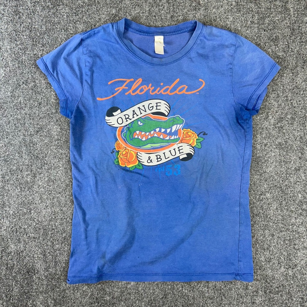 Florida Gators Orange & Blue Graphic T-Shirt Blue Large Tattoo Style Roses